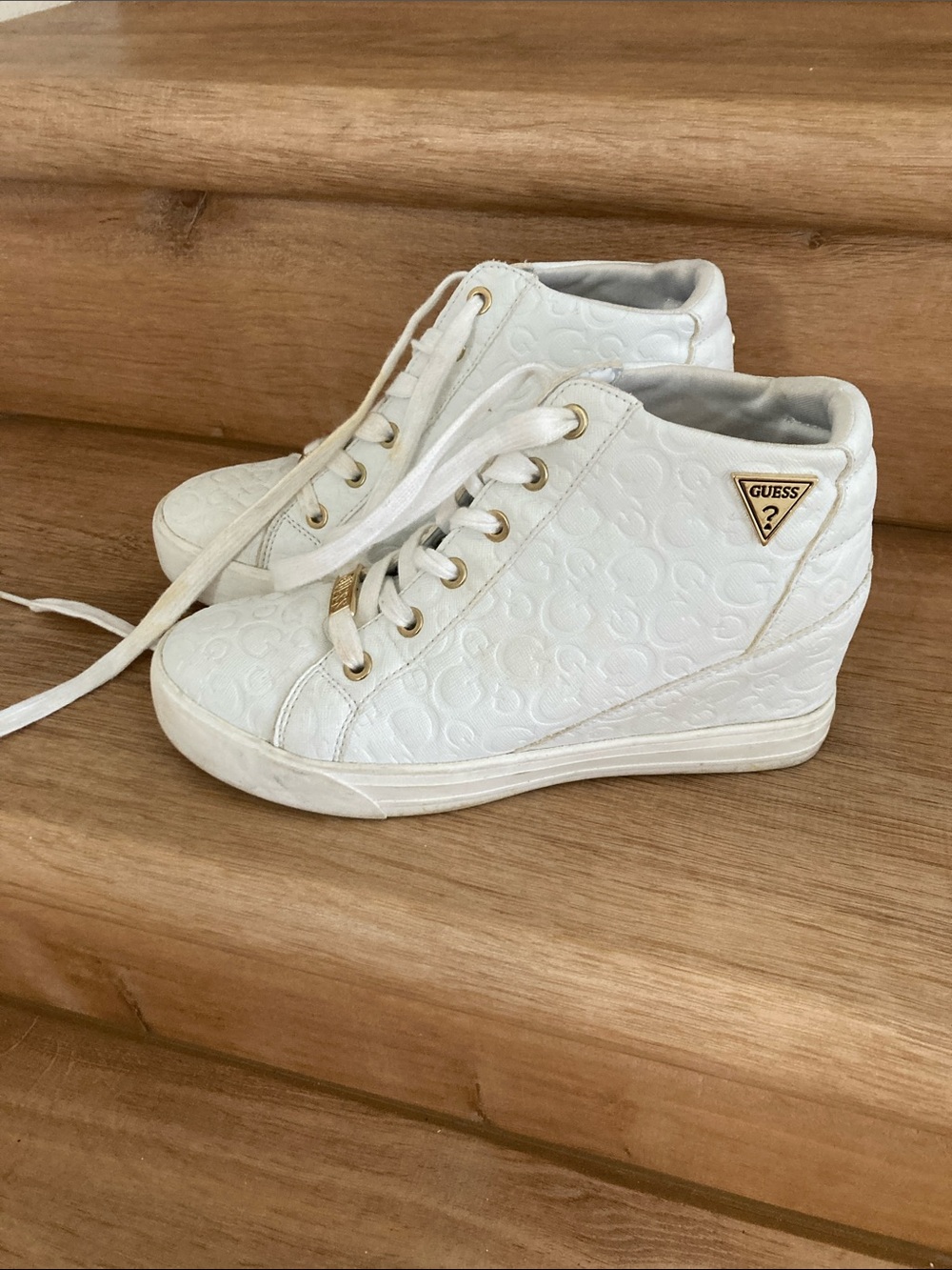GUESS White Embossed Wedge Sneaker with Gold Accents